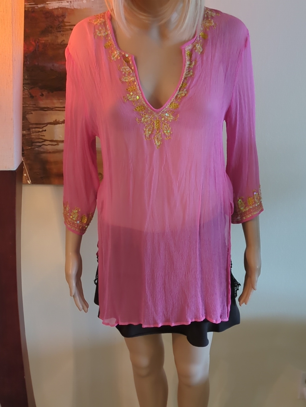 Pink V-Neck Embellished Women's Tunic